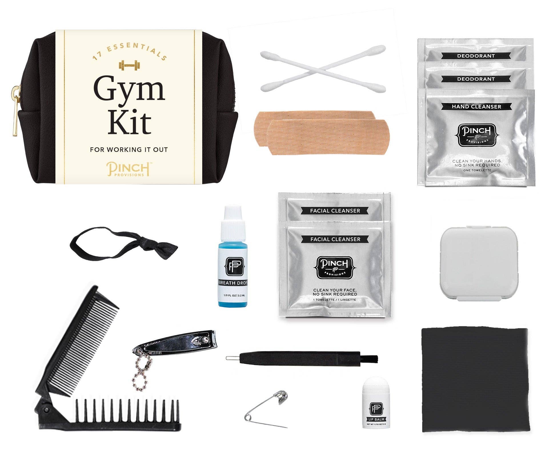 Gym kit with various items including a pouch, face wipes, and cleaning tools on a white background.