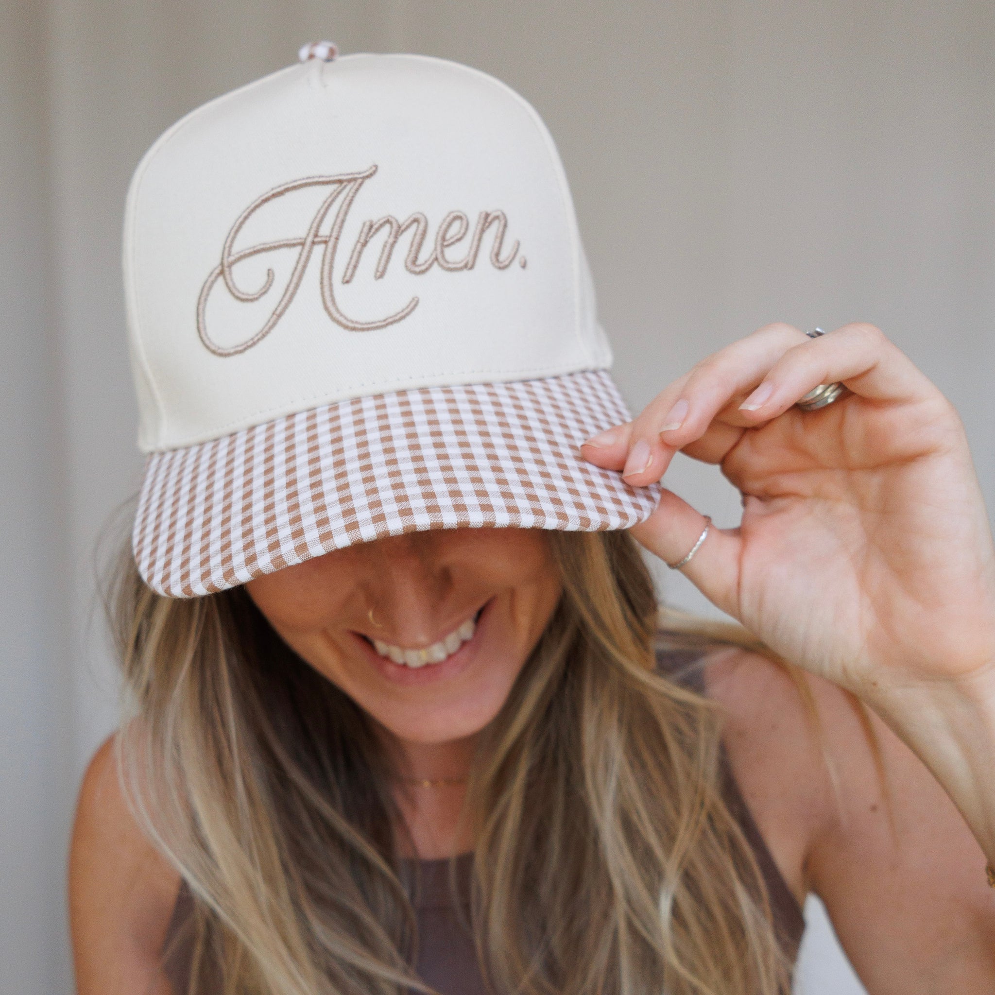"Amen" Gingham Trucker Hat