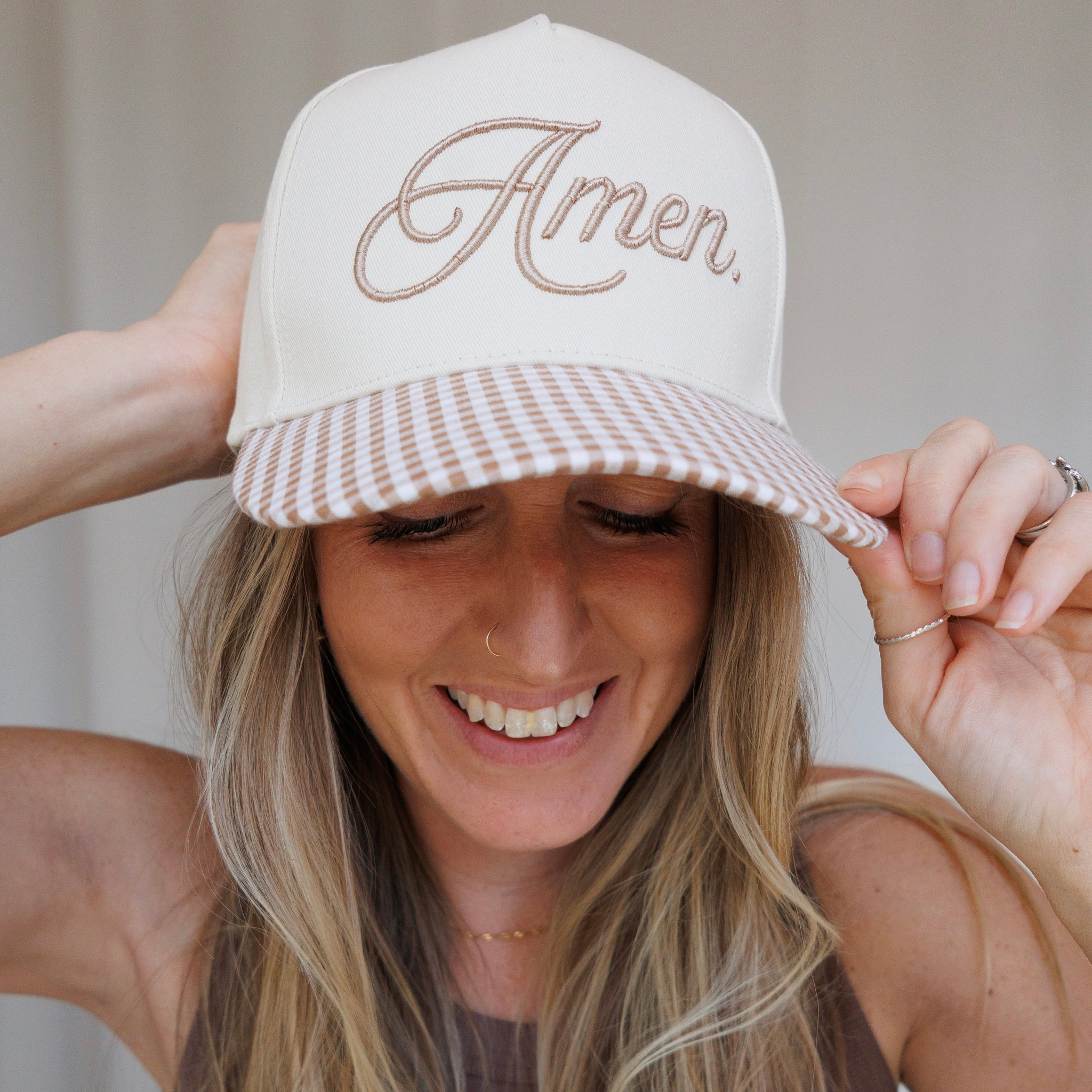"Amen" Gingham Trucker Hat