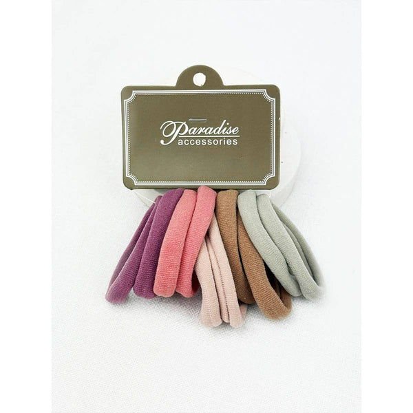 Set of colorful hair ties on a white background with 'Paradise Accessories' label.