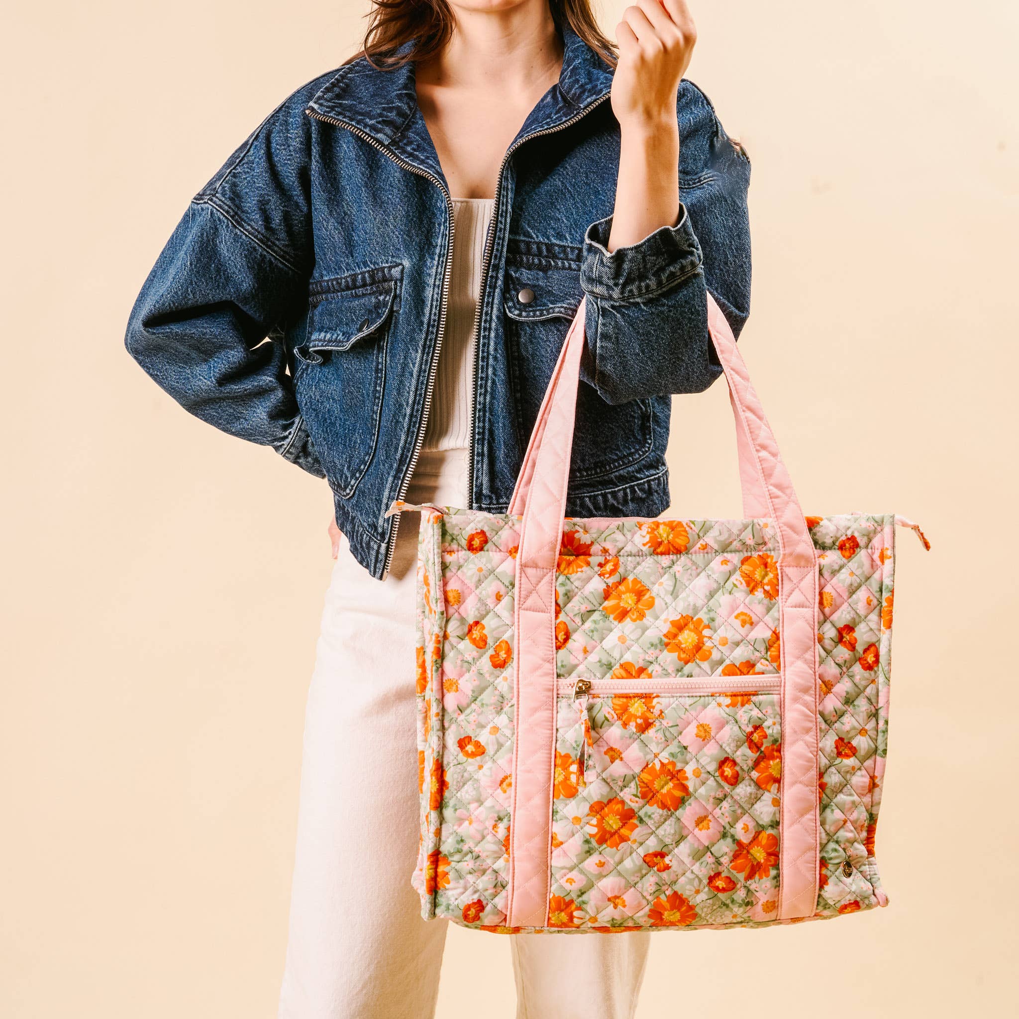 The Everyday Quilted Tote Bag-Bouquet Beauty Sage